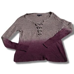 American Eagle Ombré Lace-Up Sweater – Size XS | Cozy Knit | Burgundy Fade |